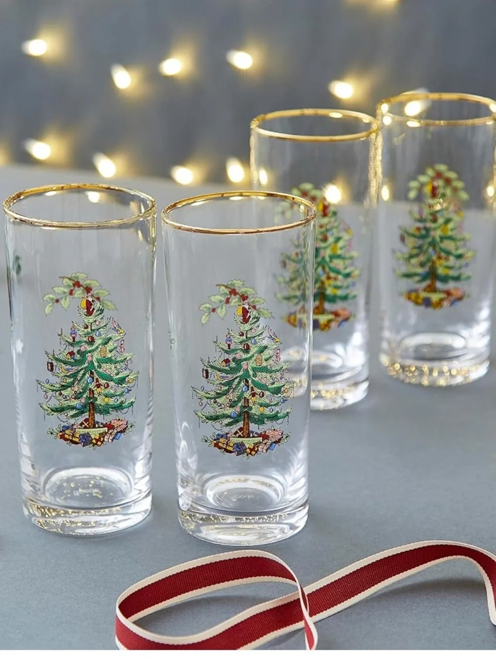 Set of 8 Spode Christmas Tree 22K Gold Rimmed 15oz Highball Glasses New in Box
